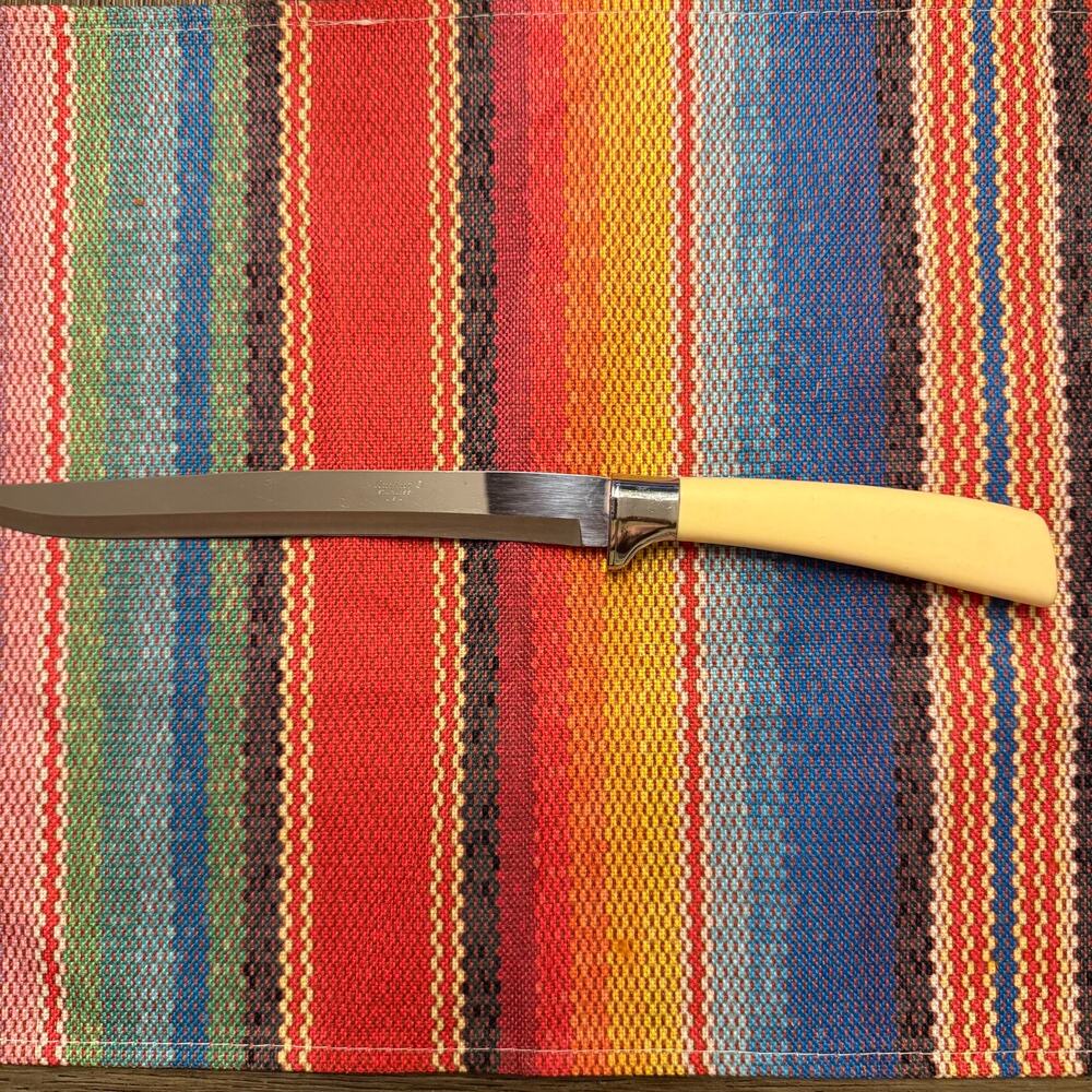 Vintage Quikut USA Stainless Carving Slicing Knife Cream Handle